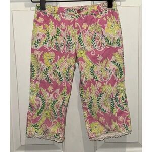 Lilly Pulitzer Giraffe Lion Elephant Print Pink Yellow Capri Pants Girls 6X